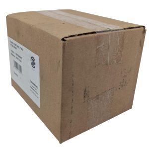 Brown cardboard shipping box sealed with clear packing tape and a white label on the side