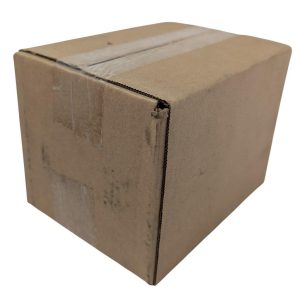 Brown corrugated cardboard box sealed with clear packing tape, viewed at an angle for shipping.