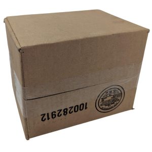 Brown corrugated cardboard shipping box, taped along the seam, seen from an angled side with a circular shipping stamp and printed numbers.