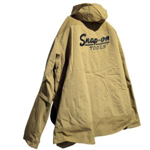 Beige hooded jacket shown from the back with a large Snap-on Tools logo on the upper back.