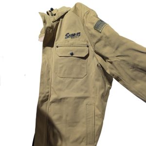 Tan work jacket with front chest pocket and zip/snap closure, branding reads 'Snap-on Tools' on the left chest.