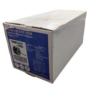 Boxed outdoor condenser fan motor part, model T257-3728, by TotalSaver, blue label on the side piece of packaging