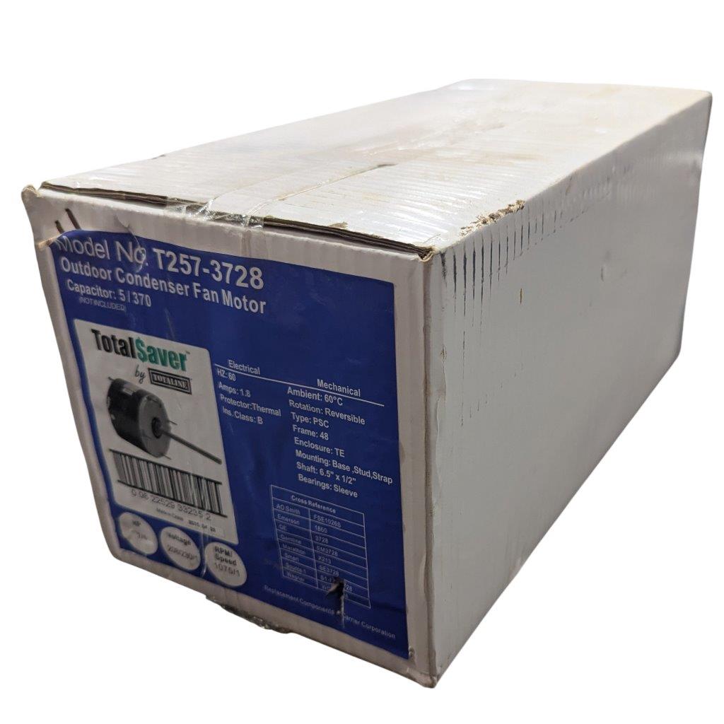 TOTALSAVER-T257-3728_2 | Chicago HVAC tools and supplies Boxed outdoor condenser fan motor part, model T257-3728, by TotalSaver, blue label on the side piece of packaging
