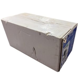 TOTALSAVER-T257-3728_4 | Chicago HVAC tools and supplies White corrugated cardboard shipping box with taped seams and minor dents, showing a blue product panel on one end.