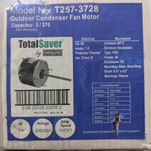 TOTALSAVER-T257-3728_5 | Chicago HVAC tools and supplies Outdoor condenser fan motor label: Model T257-3728, TotalSaver by Totaline, blue package with motor image and specs (208/230V, 1/4 HP, 1075 RPM)