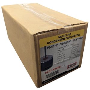 Box containing a condenser fan motor; yellow label shows specs like 1/6-1/3 HP, 208-230V, 1075/2 RPM