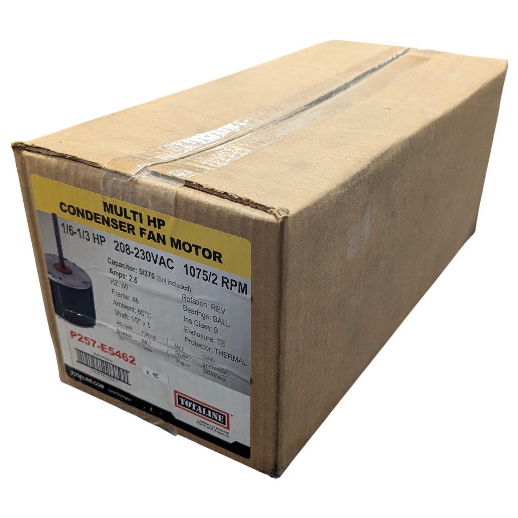 Totaline-P257-E5462_2 | Chicago HVAC tools and supplies Brown cardboard box with a yellow label reading 'Multi HP Condenser Fan Motor' and taped edges, indicating a condenser fan motor inside