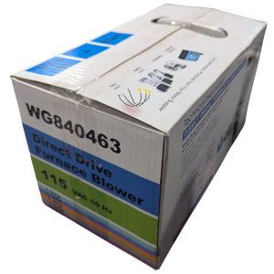 Box for a Direct Drive Furnace Blower, model WG840463, with blue and green packaging accents