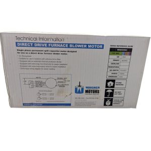 Box for a direct-drive furnace blower motor with wiring diagram and technical notes visible on the side panel.