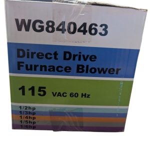 Box for a Direct Drive Furnace Blower, model WG840463, labeled 115 VAC 60 Hz, with horsepower options listed at bottom