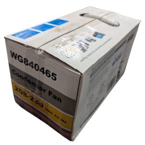 WG840465_2 | Chicago HVAC tools and supplies Boxed condenser fan model WG840465, rated 208–230 VAC, 60 Hz (packaged product).