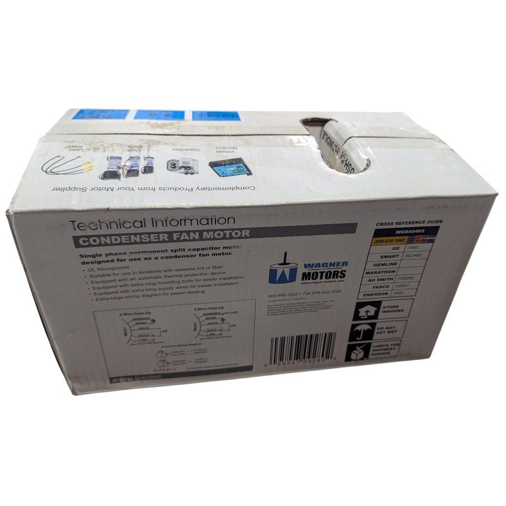 WG840465_3 | Chicago HVAC tools and supplies White packaging box labeled Technical Information for Condenser Fan Motor by Wagner Motors, with diagrams and wiring images on the side