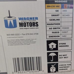 WG840465_4 | Chicago HVAC tools and supplies Wagner Motors packaging label with logo, contact info, and barcode; right side shows instructions: STORE INDOORS, DO NOT GET WET, CHECK FOR SHIPMENT DAMAGE.