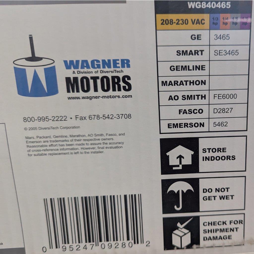 WG840465_4 | Chicago HVAC tools and supplies Wagner Motors packaging label with logo, contact info, and barcode; right side shows instructions: STORE INDOORS, DO NOT GET WET, CHECK FOR SHIPMENT DAMAGE.