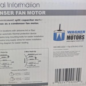 WG840465_5 | Chicago HVAC tools and supplies Page from a Wagner Motors manual showing a condenser fan motor with wiring diagrams and a barcode on the right side.