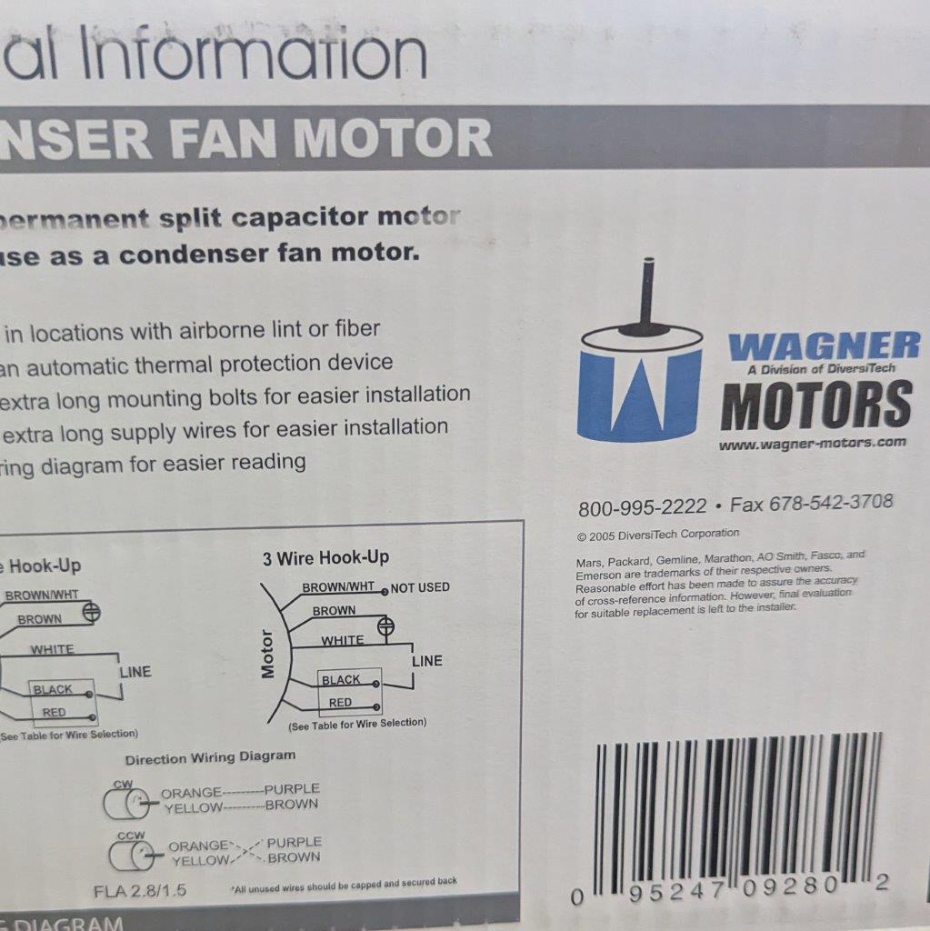 WG840465_5 | Chicago HVAC tools and supplies Page from a Wagner Motors manual showing a condenser fan motor with wiring diagrams and a barcode on the right side.