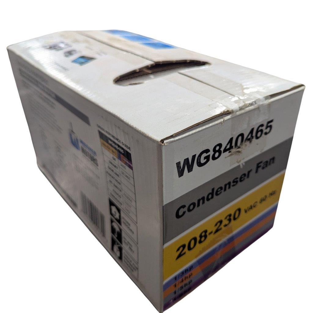 WG840465_6 | Chicago HVAC tools and supplies Boxed condenser fan unit with model WG840465, showing packaging with 208-230 VAC rating
