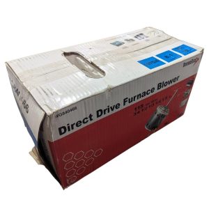 Box packaging for a Direct Drive Furnace Blower showing red and white design and product illustration