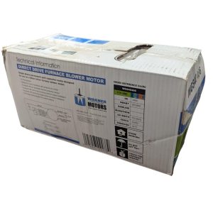 Boxed direct-drive furnace blower motor packaging with technical specs and barcode (Wagner Motors)
