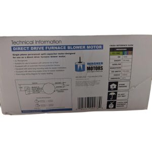 Box for a direct-drive furnace blower motor with technical info and wiring diagram. Includes 'DIRECT DRIVE FURNACE BLOWER MOTOR' logo and Wagner Motors branding.