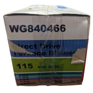 Box for a direct-drive furnace blower, model WG840466, 115 VAC 60 Hz, with taped seams and worn corners.