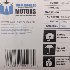 Wagner Motors box front with barcode at bottom, contact numbers and website; right side shows icons and text: Store Indoors, Do Not Get Wet, Check for Shipment Damage.