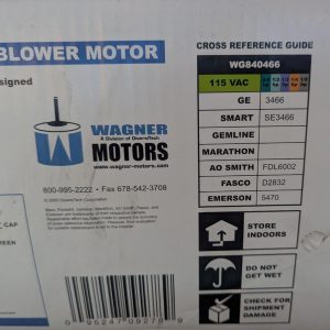 Label showing blower motor cross-reference with 115 VAC and part codes (GE, SMART, GEMLINE, MARATHON, AO SMITH, FASCO, EMERSON).