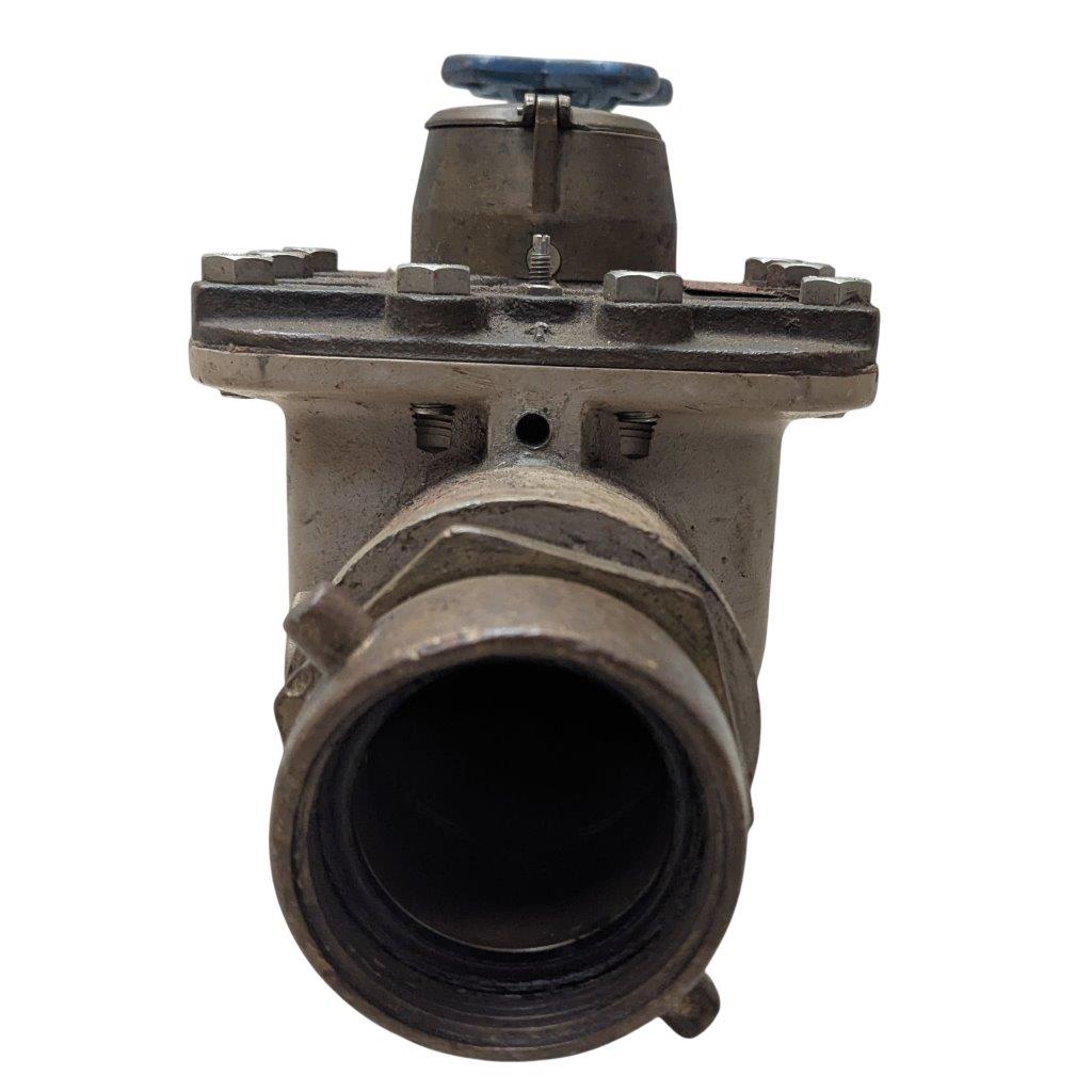 Neptune-3-FH-trident-turbine-awwa-class-II_12 | Chicago HVAC tools and supplies Front view of a heavy-duty metal valve with a blue handwheel and flanged connections.