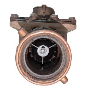 Neptune-3-FH-trident-turbine-awwa-class-II_13 | Chicago HVAC tools and supplies Top-down view of a metal turbocharger housing with the turbine/compressor wheel visible inside the opening