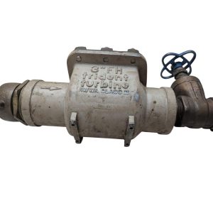 Neptune-3-FH-trident-turbine-awwa-class-II_17 | Chicago HVAC tools and supplies Industrial pipe valve with a blue handwheel on the right, used to regulate fluid flow in a piping system.