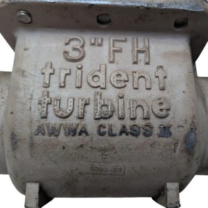 Neptune-3-FH-trident-turbine-awwa-class-II_18 | Chicago HVAC tools and supplies Close-up of a weathered metal valve casting with embossed text: '3" FH Trident Turbine' and 'AWWA CLASS II'