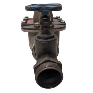 Neptune-3-FH-trident-turbine-awwa-class-II_6 | Chicago HVAC tools and supplies Industrial metal valve with a blue handwheel, shown from the front, used to shut off flow in piping.