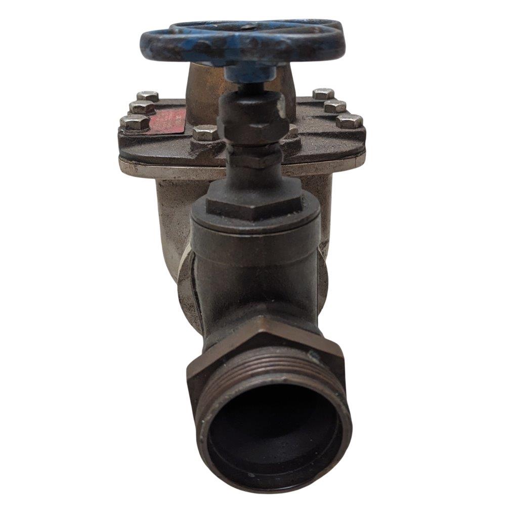 Neptune-3-FH-trident-turbine-awwa-class-II_6 | Chicago HVAC tools and supplies Industrial metal valve with a blue handwheel, shown from the front, used to shut off flow in piping.
