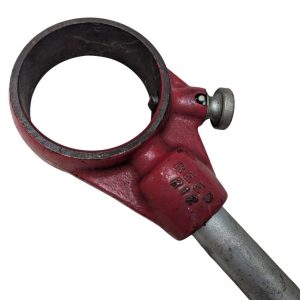 REED-R-12_3 | Chicago HVAC tools and supplies Red metal circular clamp attached to a tubular handle, used to grip a round object when tightening with the small side knob (a tubular clamp component)