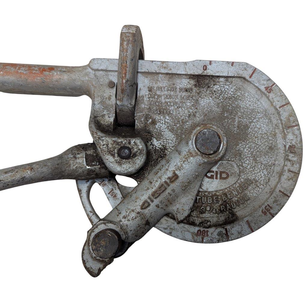 RIDGID-NO-378-Tube-Bender_2 | Chicago HVAC tools and supplies Rusty manual pipe cutter with circular dial and handles, showing wear and corrosion