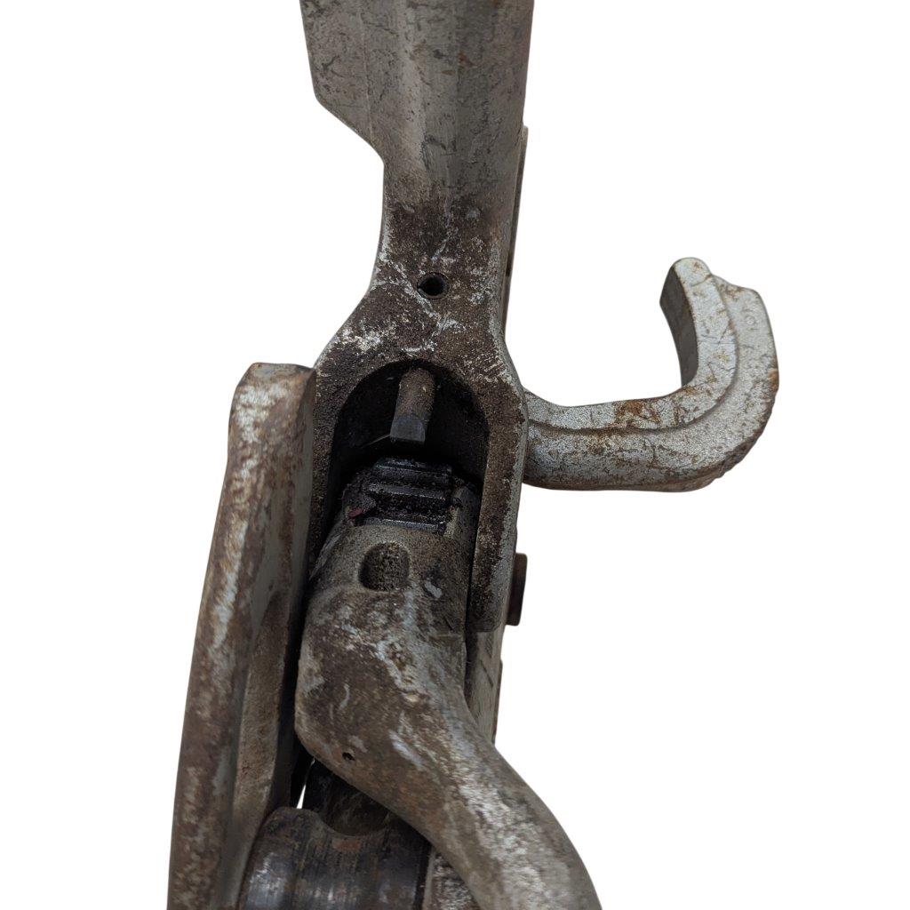 RIDGID-NO-378-Tube-Bender_5 | Chicago HVAC tools and supplies Close-up of a heavily rusted metal tool with a curved jaw.