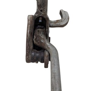 RIDGID-NO-378-Tube-Bender_6 | Chicago HVAC tools and supplies Close-up of a rusted metal latch/ clamp with a curved hook and bent rod.