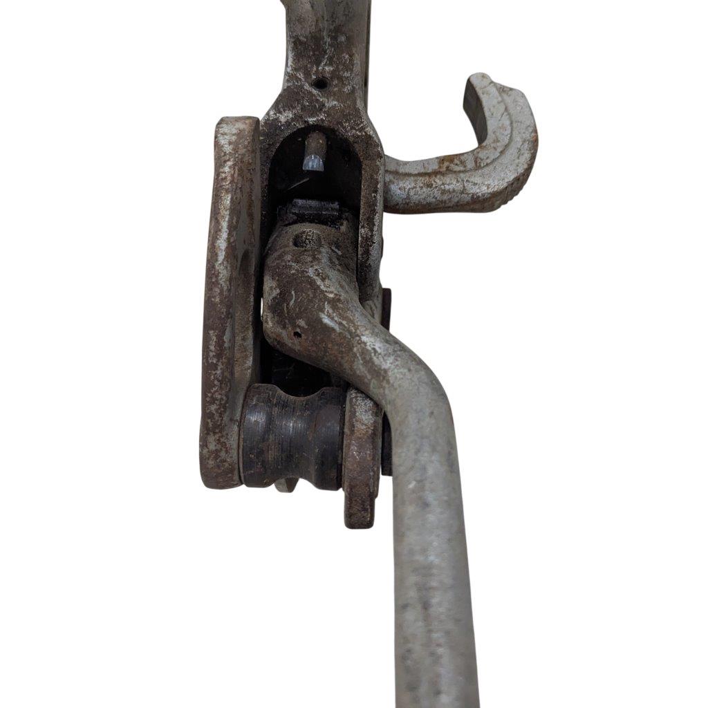 RIDGID-NO-378-Tube-Bender_6 | Chicago HVAC tools and supplies Close-up of a rusted metal latch/ clamp with a curved hook and bent rod.