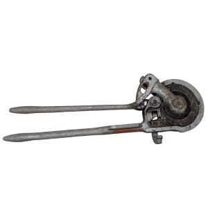 RIDGID-NO-378-Tube-Bender_7 | Chicago HVAC tools and supplies Rusty vintage hand-cranked tool with two long handles and a circular cutting wheel at the head, likely an old can opener or similar cutter.