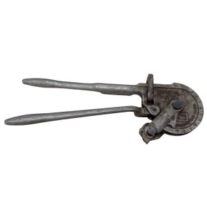Ridgid 358 Model Geared Ratchet Tube Bender | Chicago HVAC tools and supplies Vintage hand-cranked tin can opener with two long handles and a circular cutting wheel.