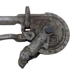 Ridgid-358-Model-Geared-Ratchet-Tube-Bender_2 | Chicago HVAC tools and supplies Rusty vintage tubing pipe cutter with a circular measuring dial and locking lever, used to cut metal tubing.
