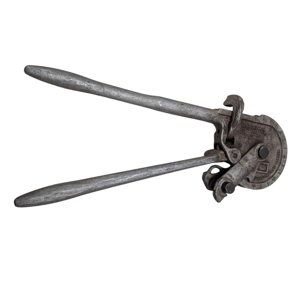 Ridgid-358-Model-Geared-Ratchet-Tube-Bender_3 | Chicago HVAC tools and supplies Vintage hand-cranked cutting tool with two long handles and a circular, numbered dial on the head (antique machinist tool).