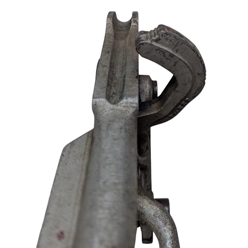 Ridgid-358-Model-Geared-Ratchet-Tube-Bender_8 | Chicago HVAC tools and supplies Close-up of a rusty locking plier with a curved jaw, partially opened.