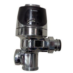 Chrome-plated plumbing valve with a black top labeled SLOAN