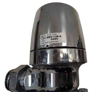 Shiny chrome industrial valve actuator with a UL label reading EBV-138-A 0405 on its side.