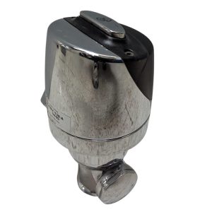 Chrome regulator valve with an adjustment knob on top and threaded outlet against a white background (informative)