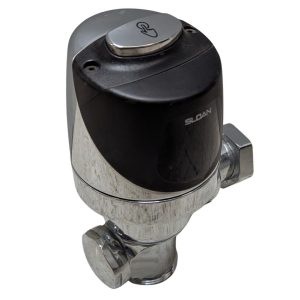 Chrome Sloan valve actuator with black top and metallic fittings, shown at an angle.
