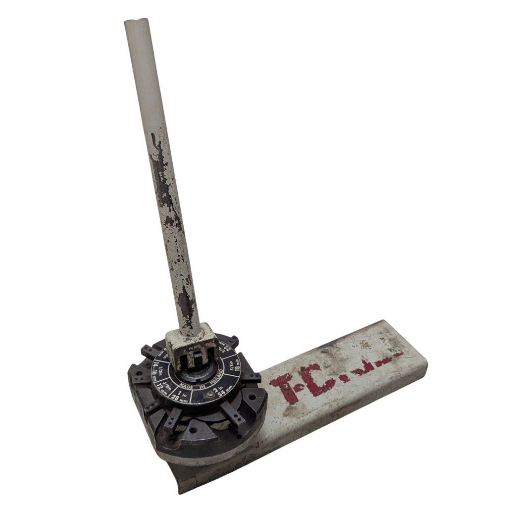T-DRILL-ND-54-Tube-End-Notcher_15 | Chicago HVAC tools and supplies Vintage surveying transit with vertical sighting rod and circular angle dial on a worn metal case.