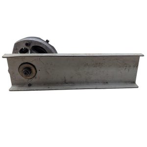 T-DRILL-ND-54-Tube-End-Notcher_18 | Chicago HVAC tools and supplies Industrial metal sliding mechanism with a wheel and mounting plate (worn gray finish)