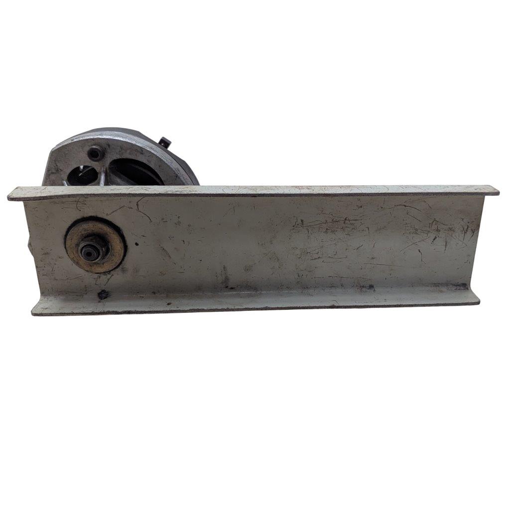 T-DRILL-ND-54-Tube-End-Notcher_18 | Chicago HVAC tools and supplies Industrial metal sliding mechanism with a wheel and mounting plate (worn gray finish)